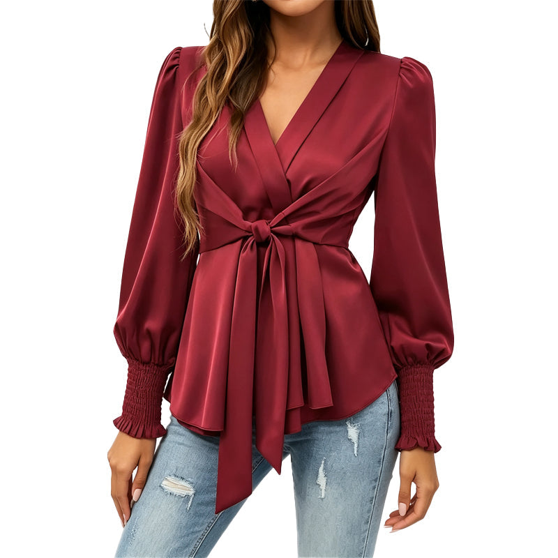 ✨ Flattering Detail | Women's V-Neck Tie-Waist Blouse