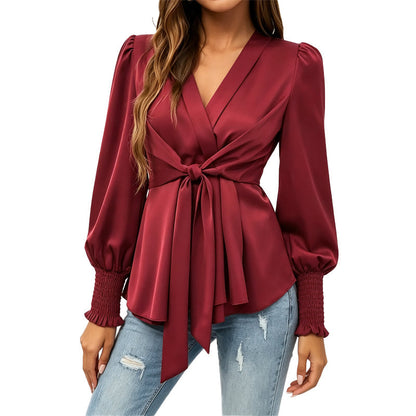 ✨ Flattering Detail | Women's V-Neck Tie-Waist Blouse