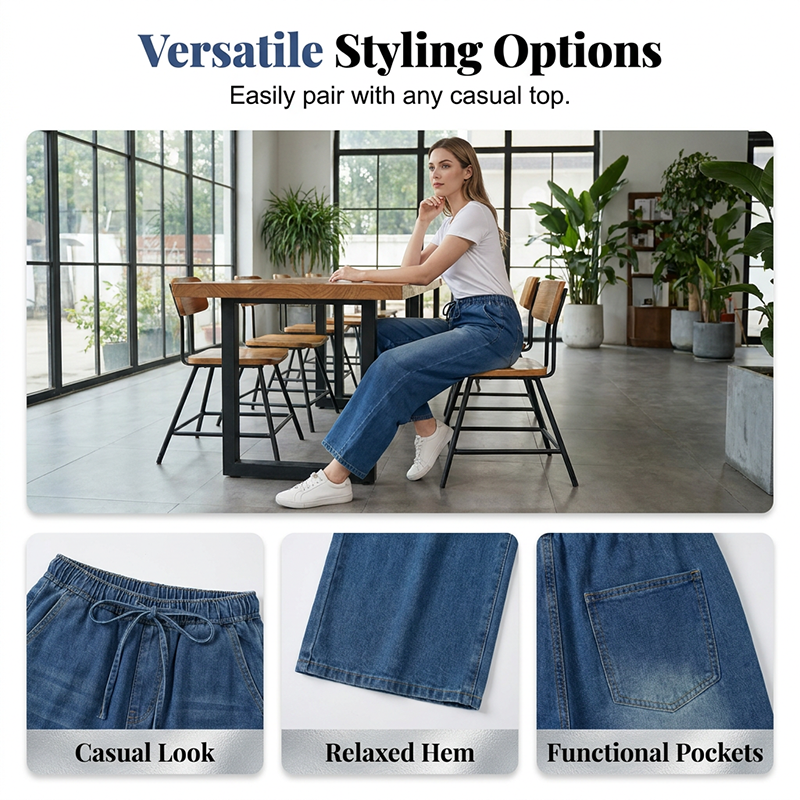 Women's Elastic Waist Wide Leg Denim Pants