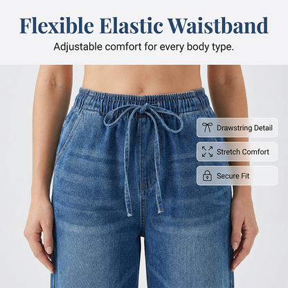 Women's Elastic Waist Wide Leg Denim Pants