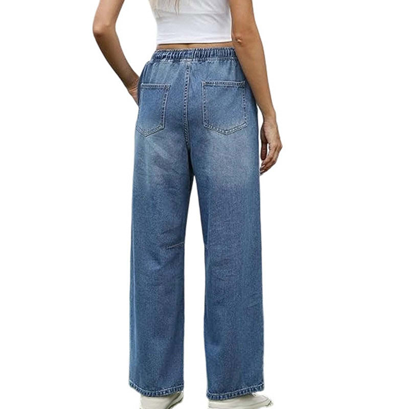 Women's Elastic Waist Wide Leg Denim Pants