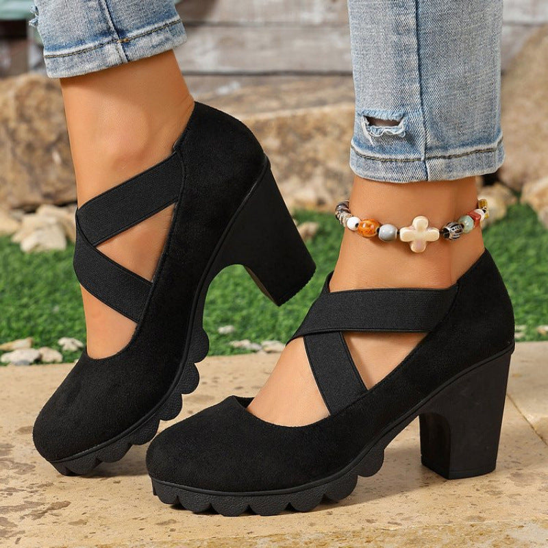 📢📢50% Off!!!🎉✨Women's Mary Jane shoes with a round toe, crisscross straps, block heel, platform, and cutouts, high heels
