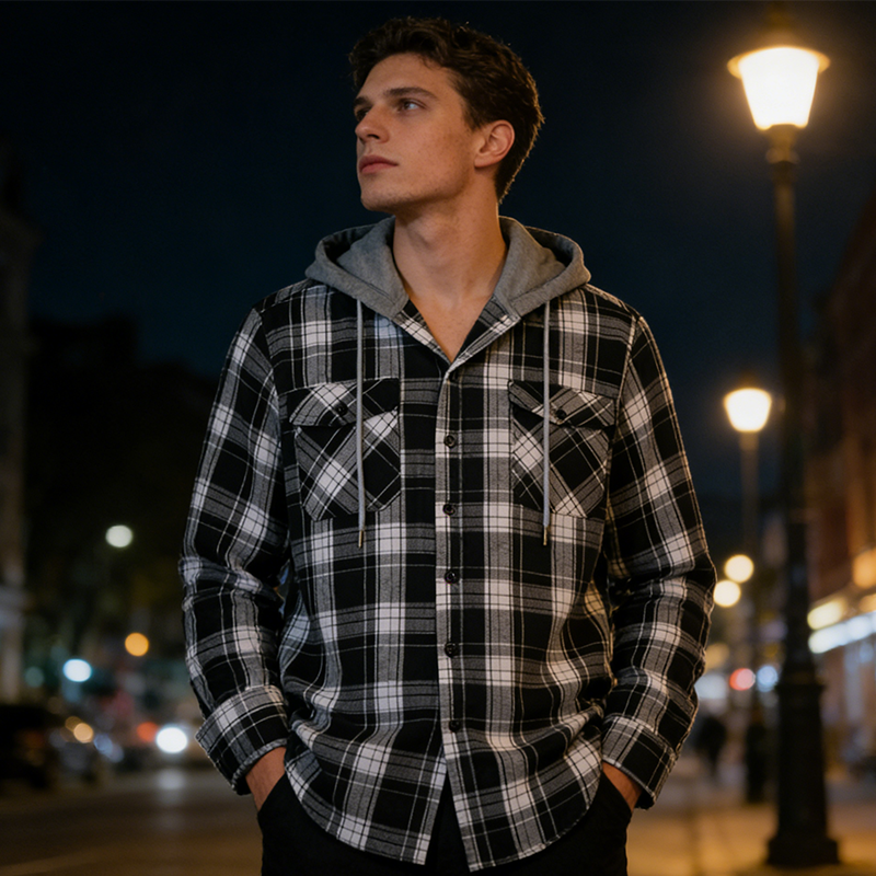 Men's Plaid Flannel Hooded Shirt Jacket