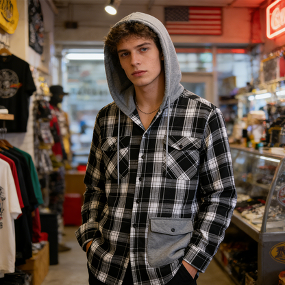 Men's Plaid Flannel Hooded Shirt Jacket