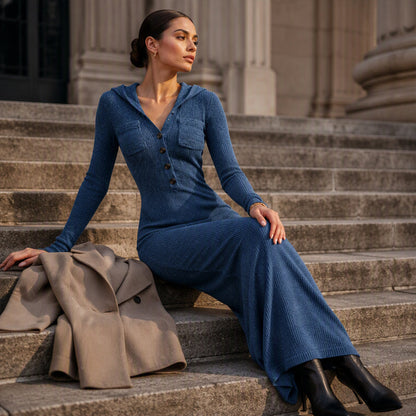 Women's Ribbed Knit Hooded Maxi Dress