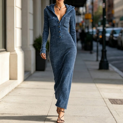 Women's Ribbed Knit Hooded Maxi Dress