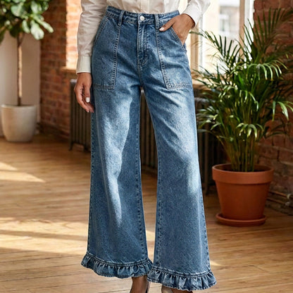 Women's Chic Ruffled Hem Straight Leg Jeans