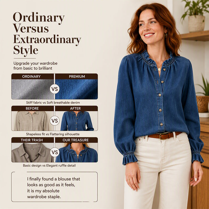 Women's Elegant Ruffle Mock Neck Denim Shirt