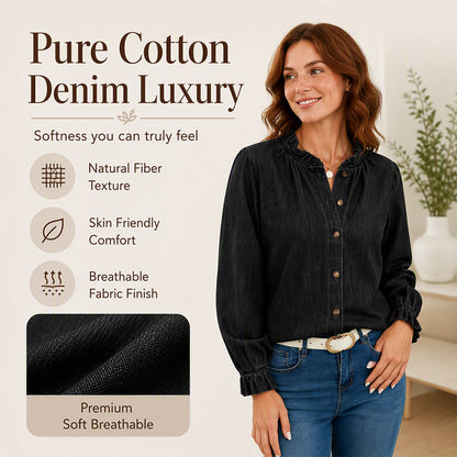 Women's Elegant Ruffle Mock Neck Denim Shirt
