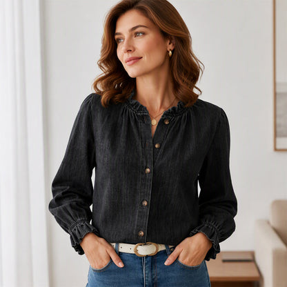 Women's Elegant Ruffle Mock Neck Denim Shirt