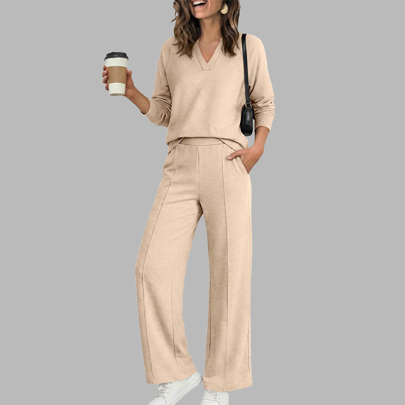 🎉 2 Pieces, Endless Possibilities | Women's V-Neck Top & Wide-Leg Pants Set