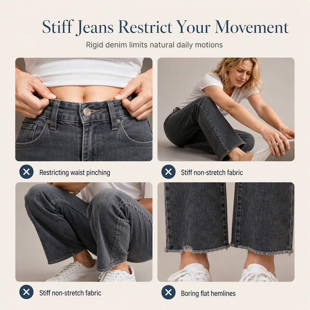 Women's Comfort Stretch Wide Leg Denim Pants with Pleated Waist and Ruffled Hem