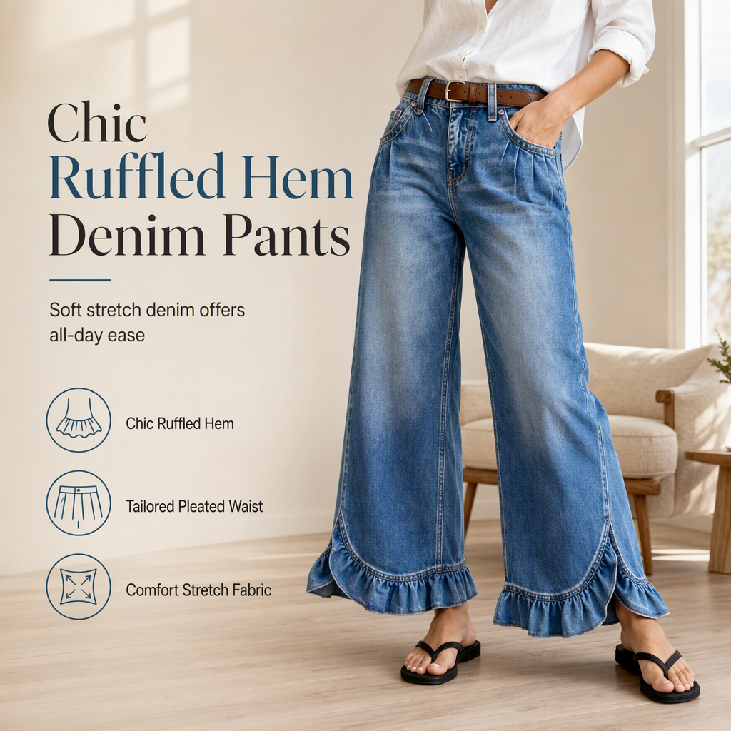 Women's Comfort Stretch Wide Leg Denim Pants with Pleated Waist and Ruffled Hem