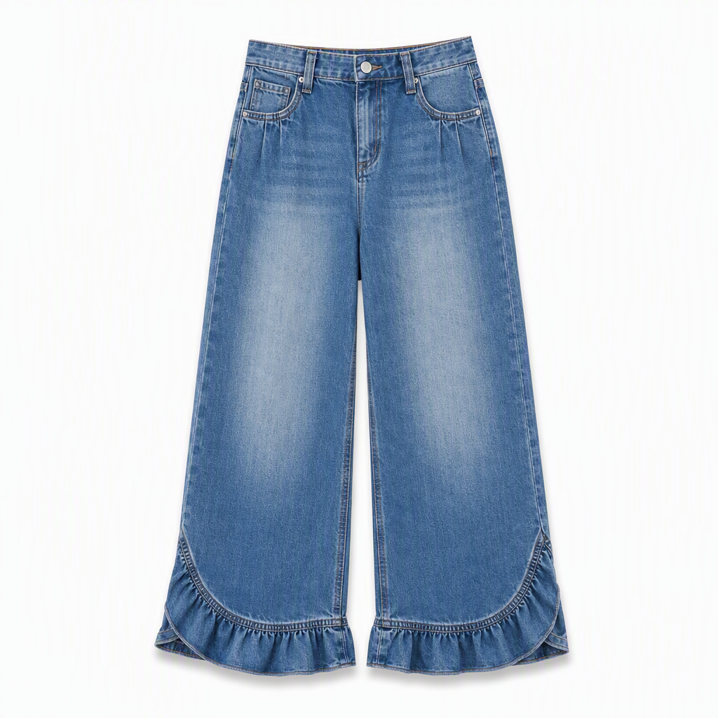 Women's Comfort Stretch Wide Leg Denim Pants with Pleated Waist and Ruffled Hem