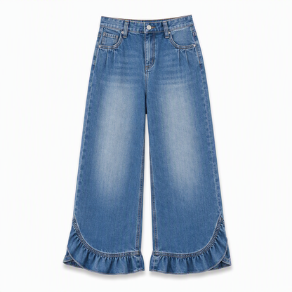 Women's Comfort Stretch Wide Leg Denim Pants with Pleated Waist and Ruffled Hem