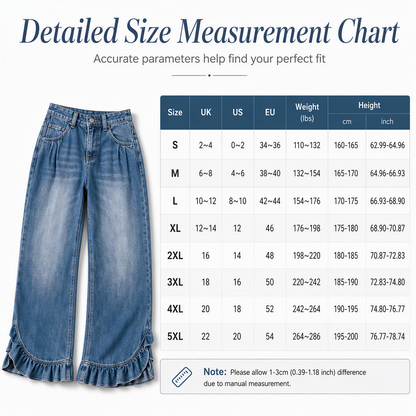 Women's Comfort Stretch Wide Leg Denim Pants with Pleated Waist and Ruffled Hem