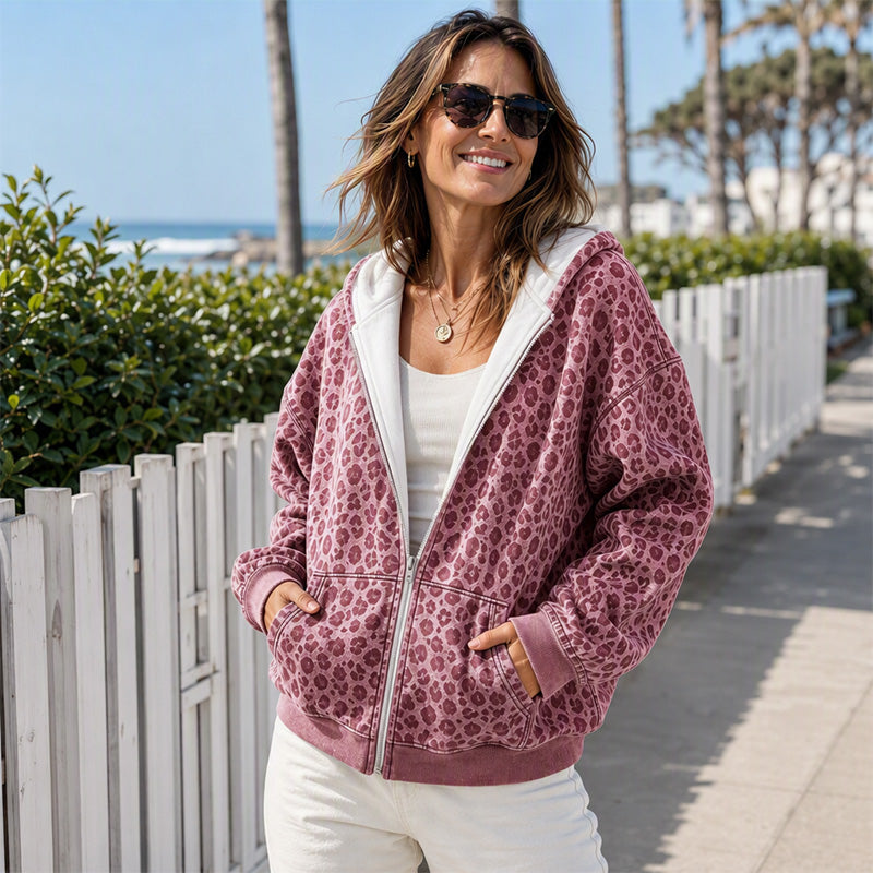 Women's Leopard Print Zip-Up Hoodie