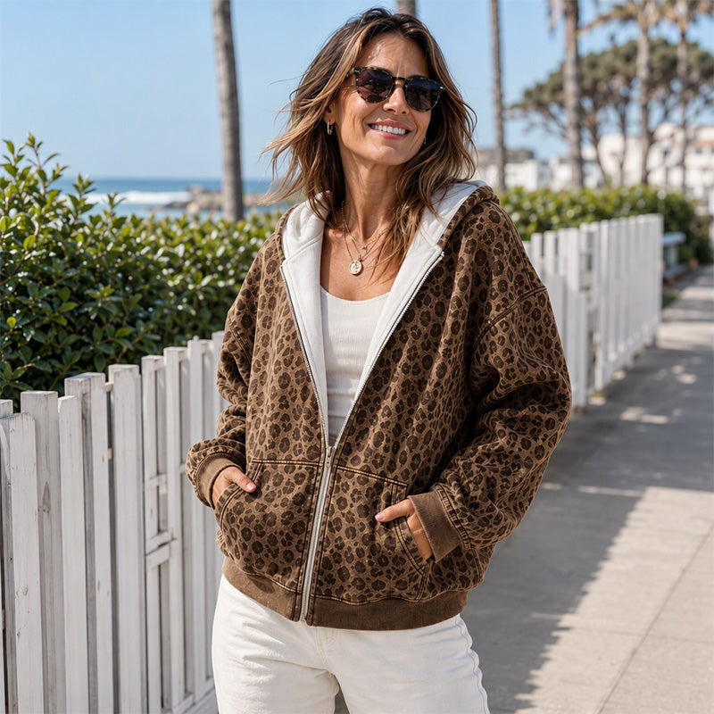Women's Leopard Print Zip-Up Hoodie