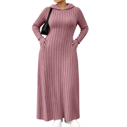 🧶 Textured Comfort | Women's Ribbed-Knit Hooded Maxi Dress with Pockets