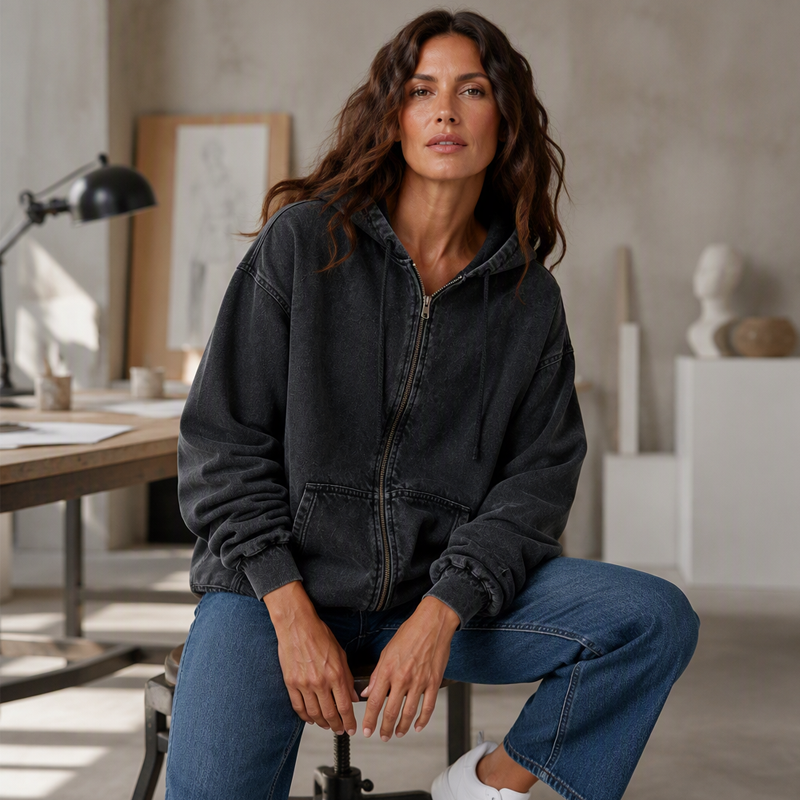 💙 Denim Comfort, Easy Coverage | Women's Loose Zip-Up Hooded Denim Jacket