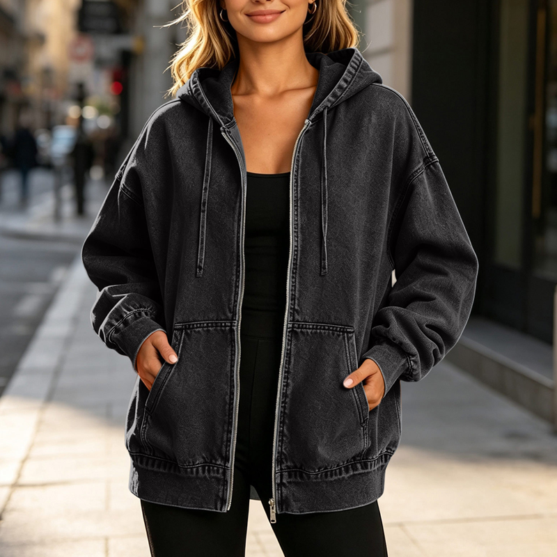💙 Denim Comfort, Easy Coverage | Women's Loose Zip-Up Hooded Denim Jacket