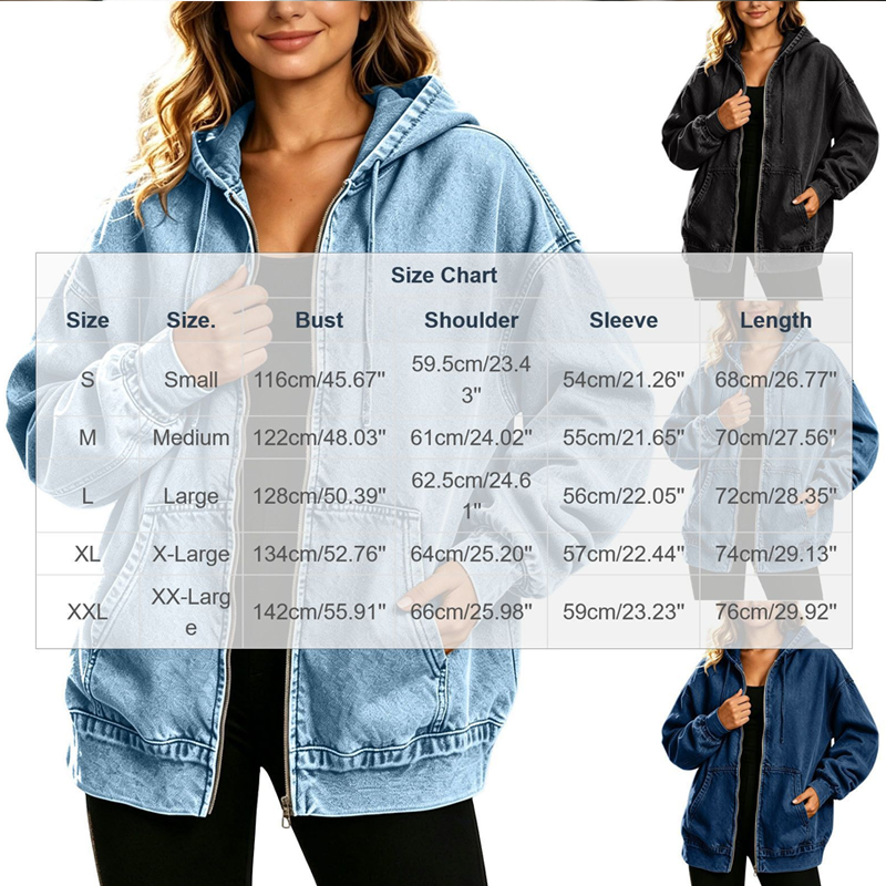 💙 Denim Comfort, Easy Coverage | Women's Loose Zip-Up Hooded Denim Jacket