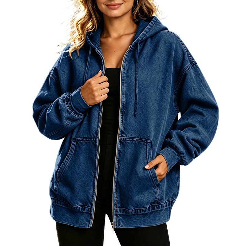 💙 Denim Comfort, Easy Coverage | Women's Loose Zip-Up Hooded Denim Jacket