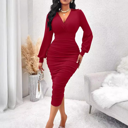 💃 Flattering Ruching, Elegant Curves | Women's V-Neck Lantern Sleeve Midi Dress