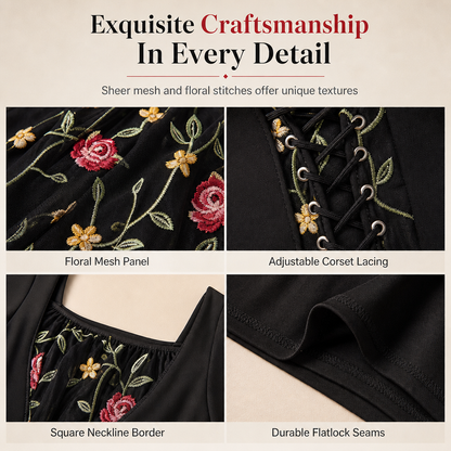 Black Long Sleeve Square Neck Lace Up Corset Maxi Dress with Floral Embroidered Mesh Panel