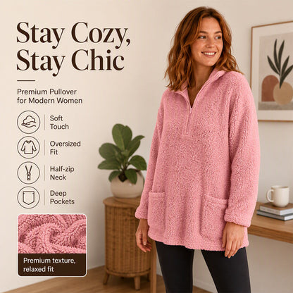 🧸 ☁️ Women's Half-Zip Plush Sweatshirt with Pockets
