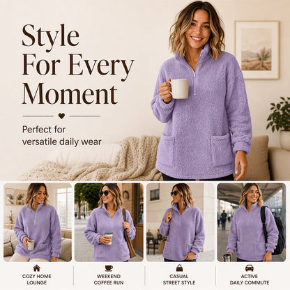 🧸 ☁️ Women's Half-Zip Plush Sweatshirt with Pockets