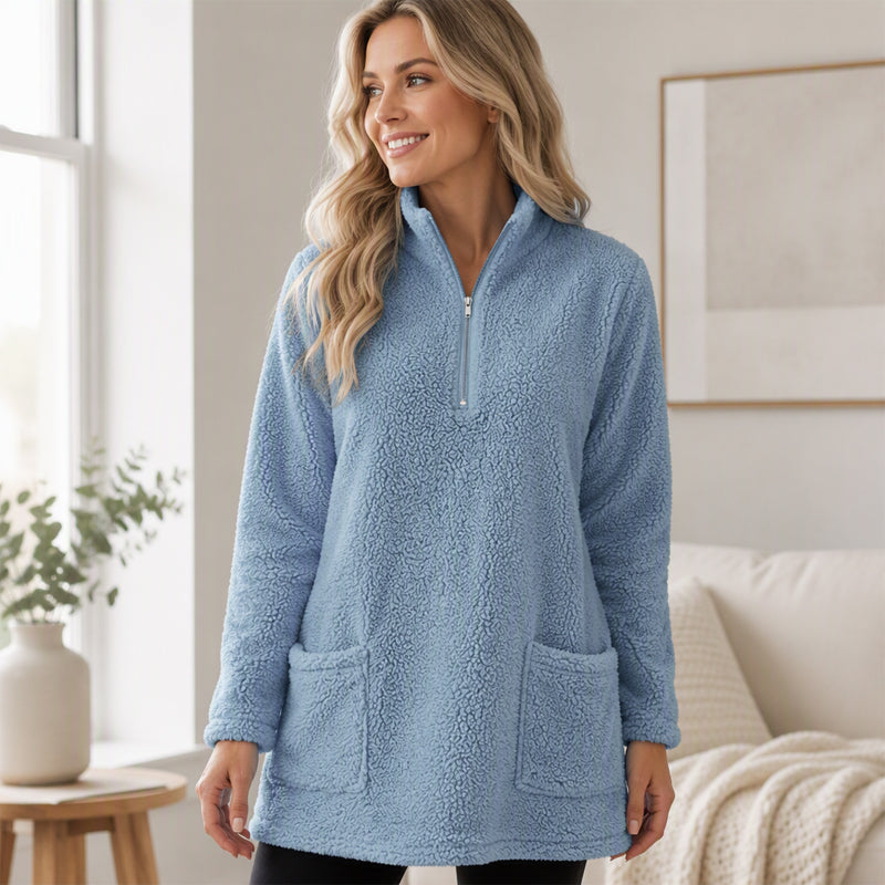 🧸 ☁️ Women's Half-Zip Plush Sweatshirt with Pockets