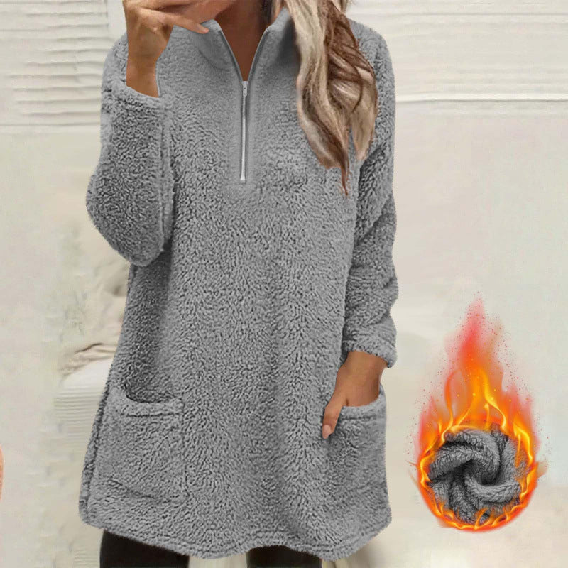 🧸 ☁️ Women's Half-Zip Plush Sweatshirt with Pockets