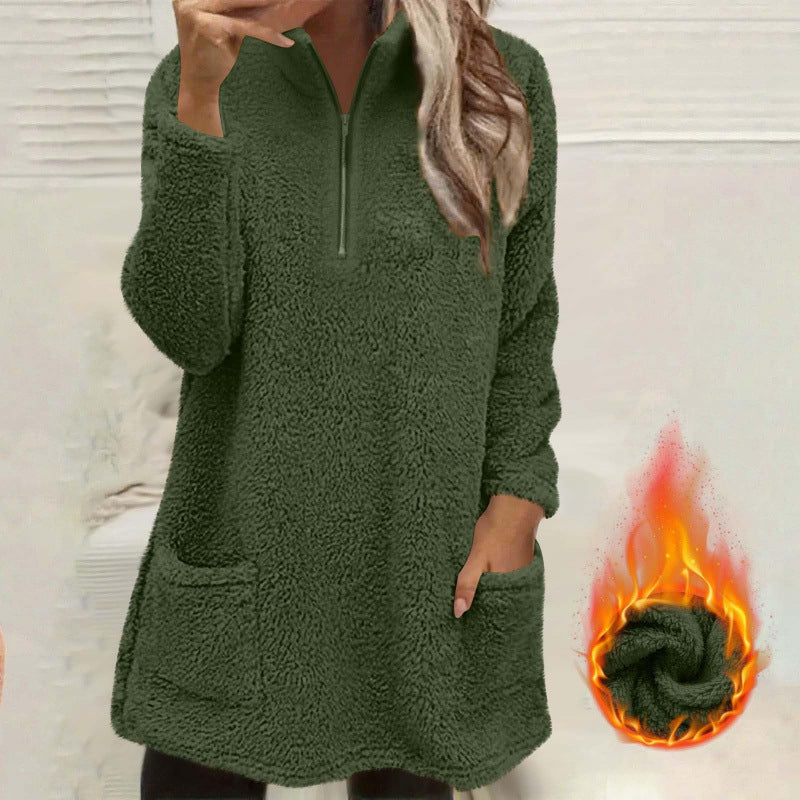 🧸 ☁️ Women's Half-Zip Plush Sweatshirt with Pockets