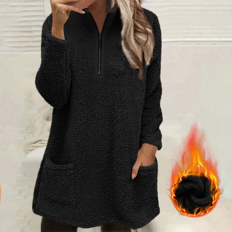 🧸 ☁️ Women's Half-Zip Plush Sweatshirt with Pockets