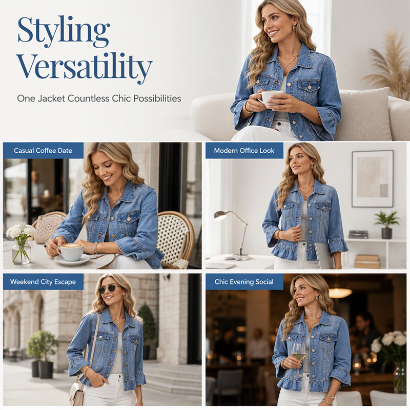 💙 Ruffled Denim, Waist-Flattering Shape | Women's Cropped Peplum Jacket