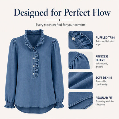 Women's Ruffle Collar Puff Sleeve Denim Top