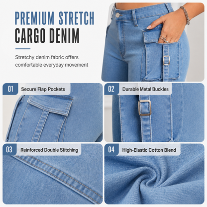 Women's High Stretch Slim Fit Cargo Flare Jeans with Flap Pockets