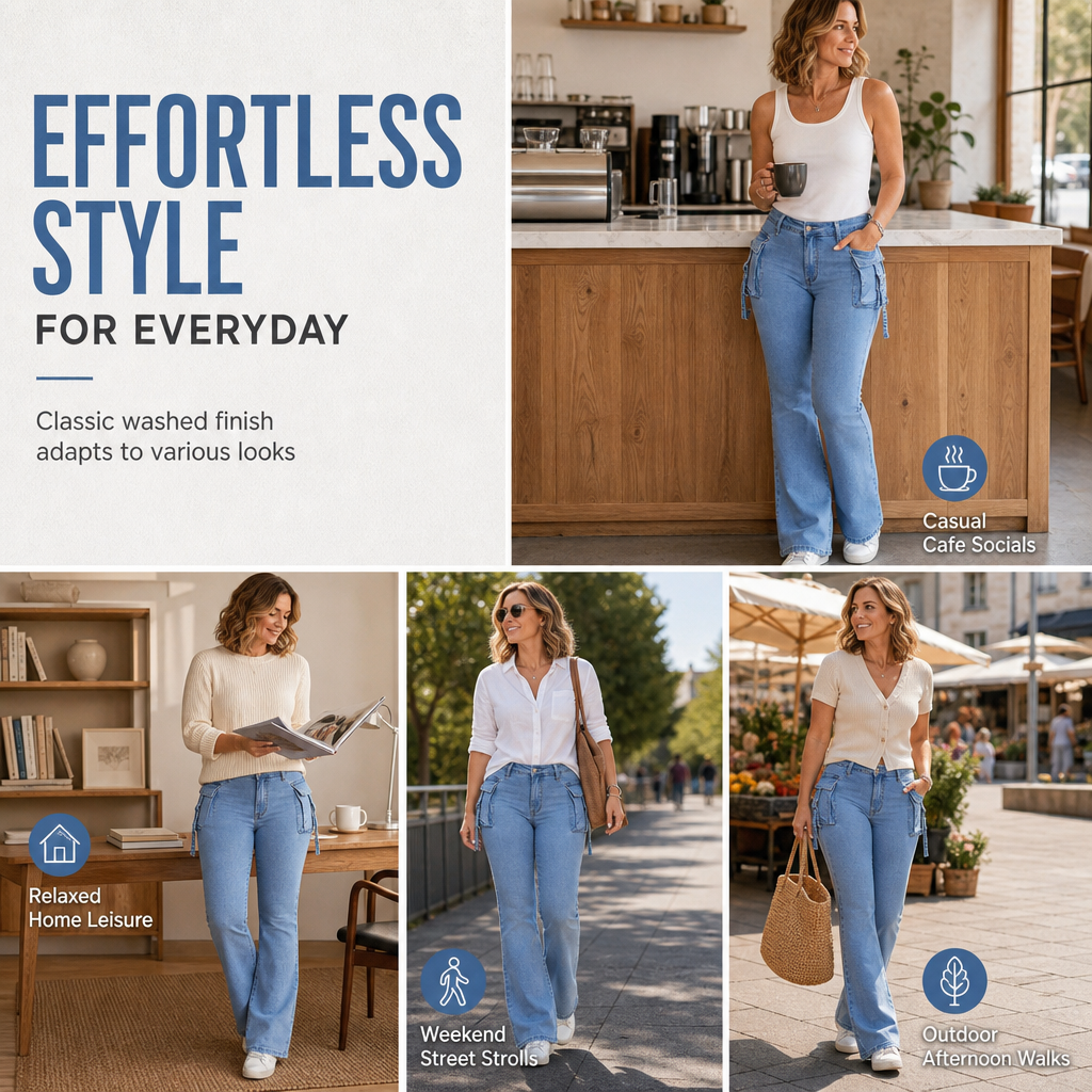 Women's High Stretch Slim Fit Cargo Flare Jeans with Flap Pockets