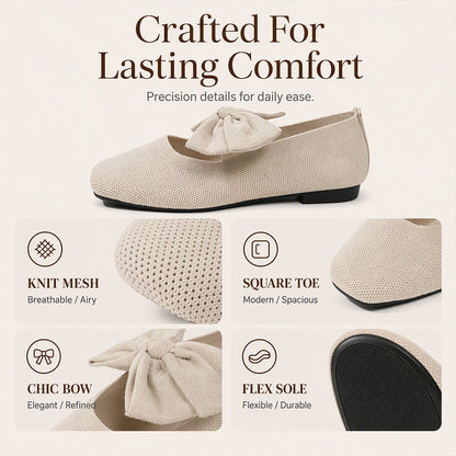 🎀 Easy Feminine Comfort | Women's Square-Toe Knit Bow Flat Shoes