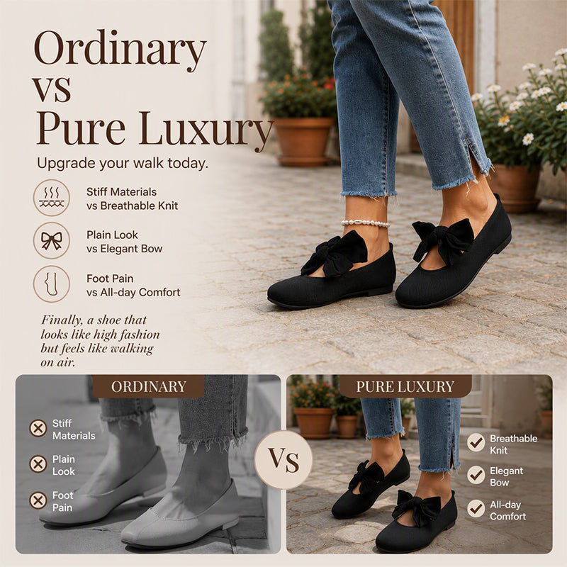 🎀 Easy Feminine Comfort | Women's Square-Toe Knit Bow Flat Shoes