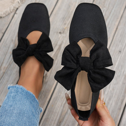 🎀 Easy Feminine Comfort | Women's Square-Toe Knit Bow Flat Shoes