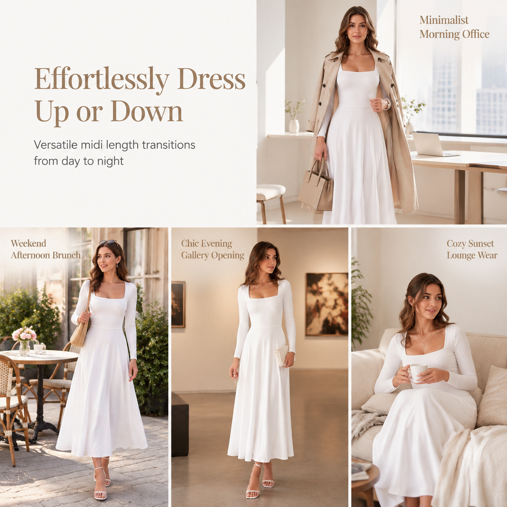 ✨ Flattering Knit Elegance | Women's Square-Neck Stretch A-Line Midi Dress