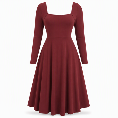 ✨ Flattering Knit Elegance | Women's Square-Neck Stretch A-Line Midi Dress