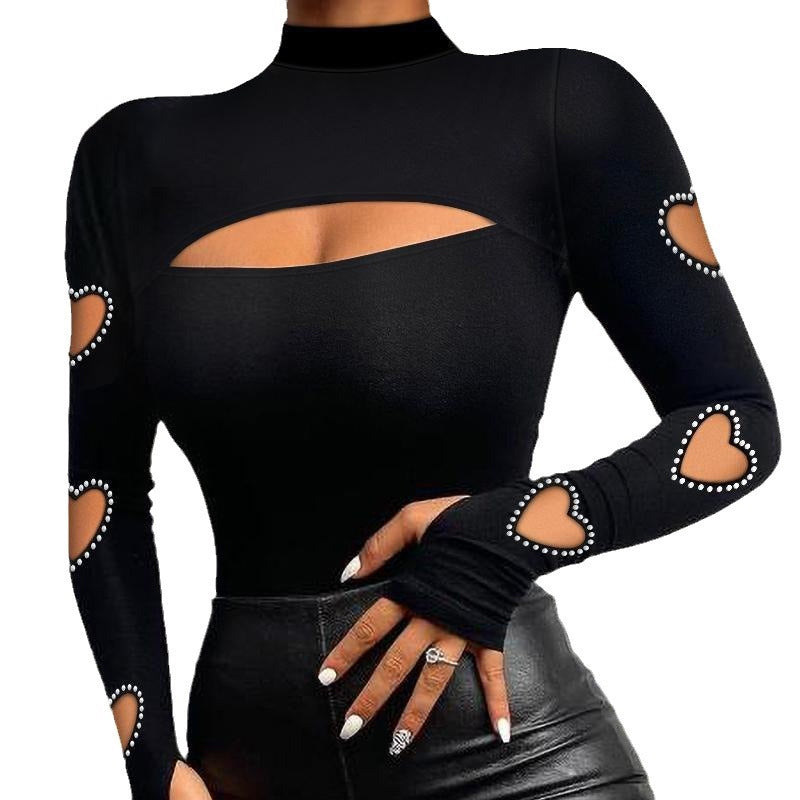 Women's Heart Cutout Mock Neck Slim Fit Top