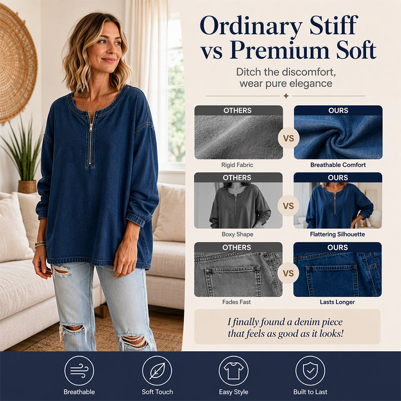 💙 Denim Texture, Easy Half-Zip Style | Women's Long-Sleeve Pullover