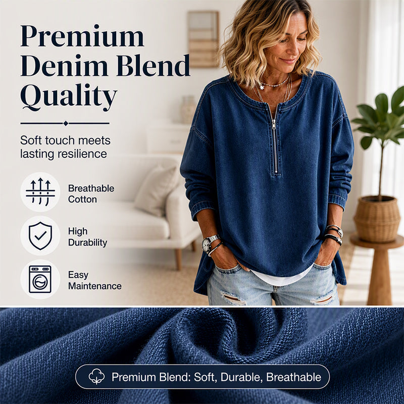 💙 Denim Texture, Easy Half-Zip Style | Women's Long-Sleeve Pullover