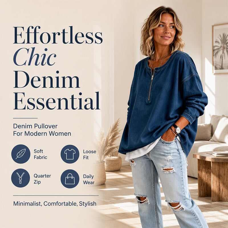 💙 Denim Texture, Easy Half-Zip Style | Women's Long-Sleeve Pullover