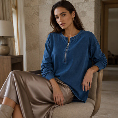 💙 Denim Texture, Easy Half-Zip Style | Women's Long-Sleeve Pullover