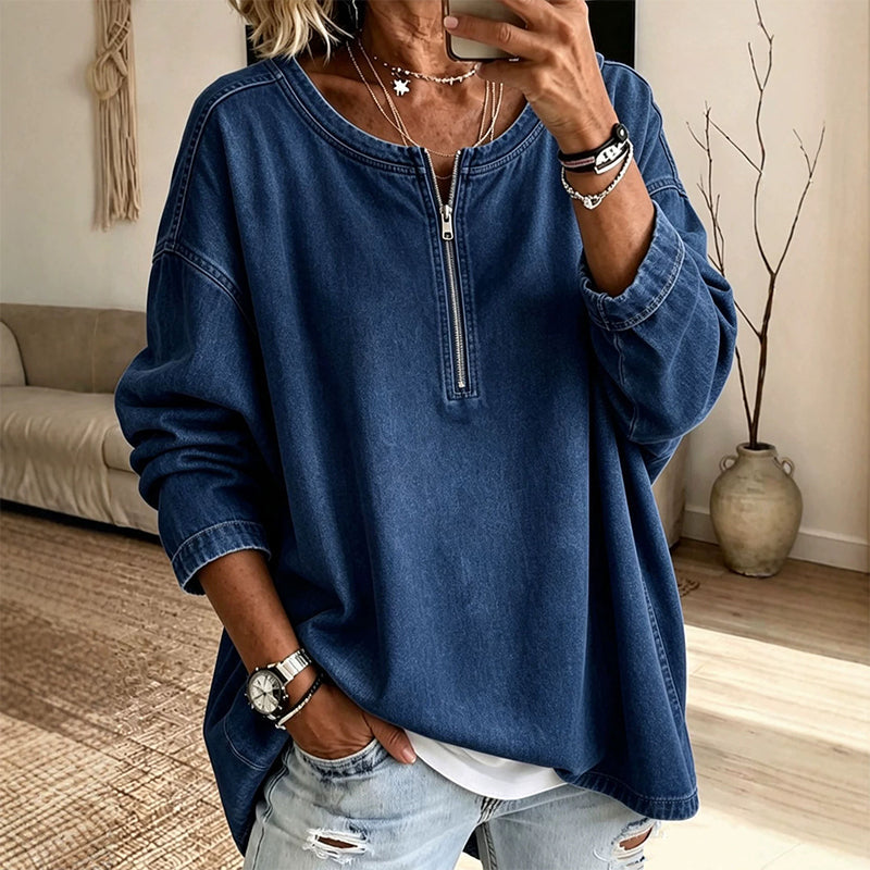 💙 Denim Texture, Easy Half-Zip Style | Women's Long-Sleeve Pullover
